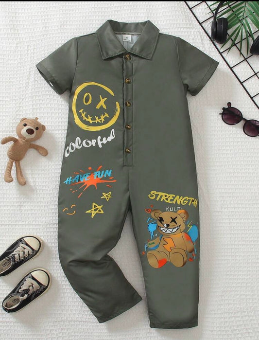 Military Green Short Sleeve Polo Collar A-Line Jumpsuit