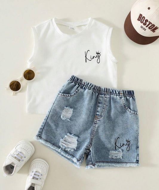 Sleeveless T-Shirt And Denim Shorts Set