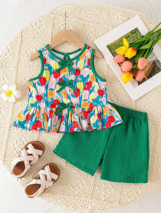 Tulip Flower Print Sleeveless Top With Bow Decor And Elastic Waist Shorts