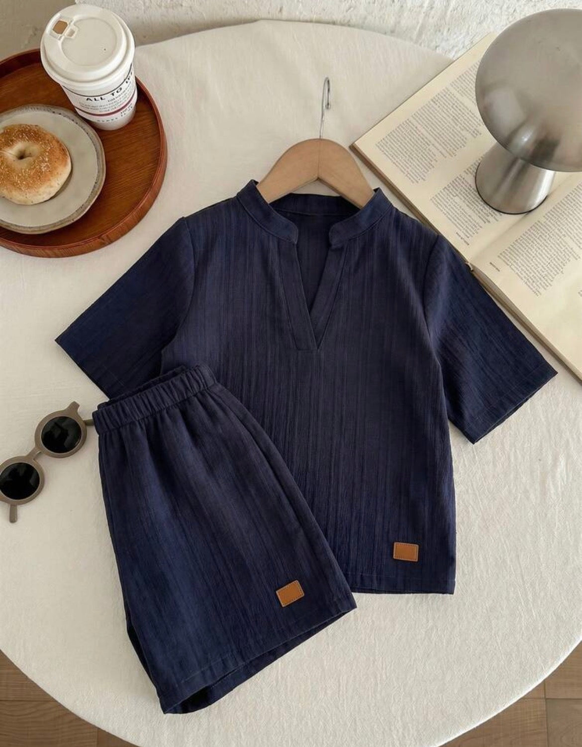 2pcs V-Neck Short Sleeve Shirt And Shorts Set