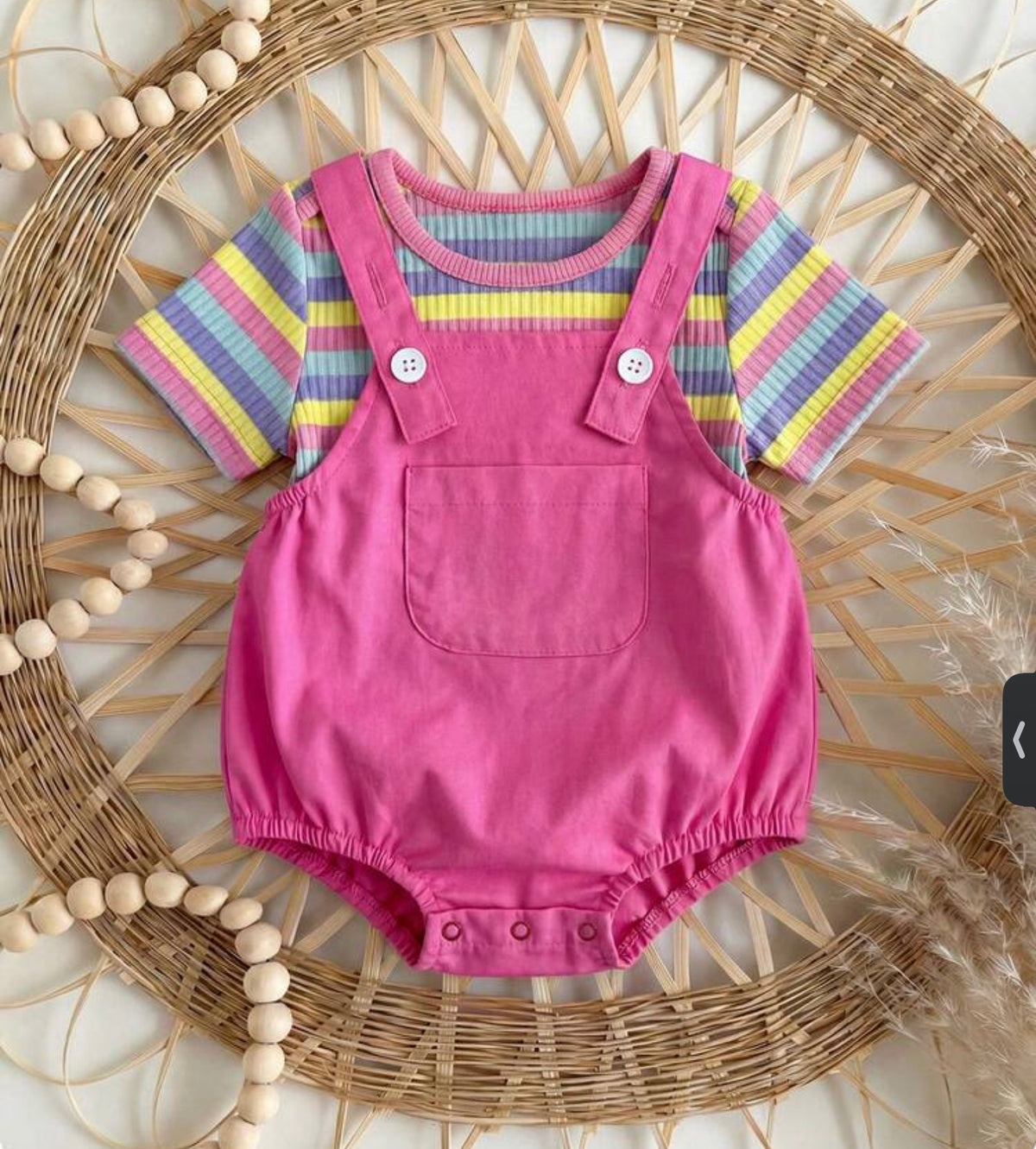 2pcs Set Pink Shirt  Matching Striped Overall
