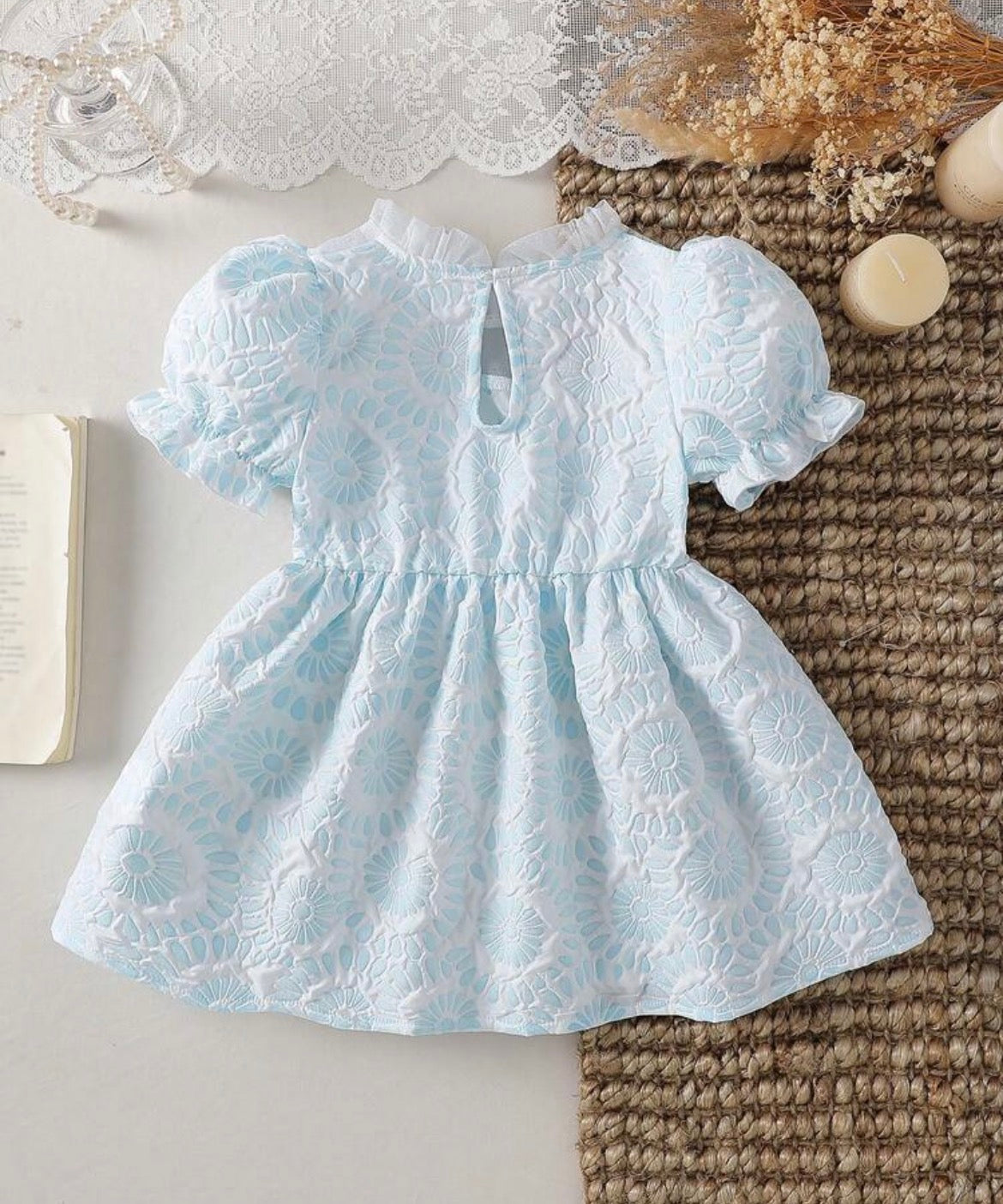 Vintaside Ruffle Collar Puff Sleeve Bow A-Line Dress,Light Blue And White Floral 3D Bow Detail Gown
