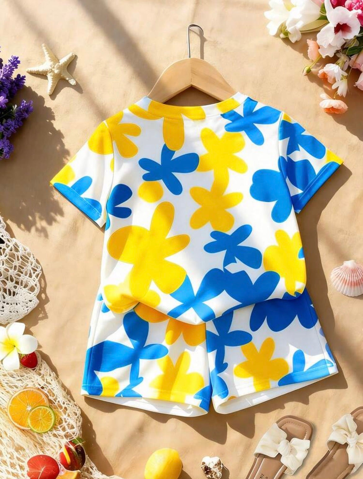 Refreshing Sweet Element Print Round Neck Short Sleeve Top + Shorts