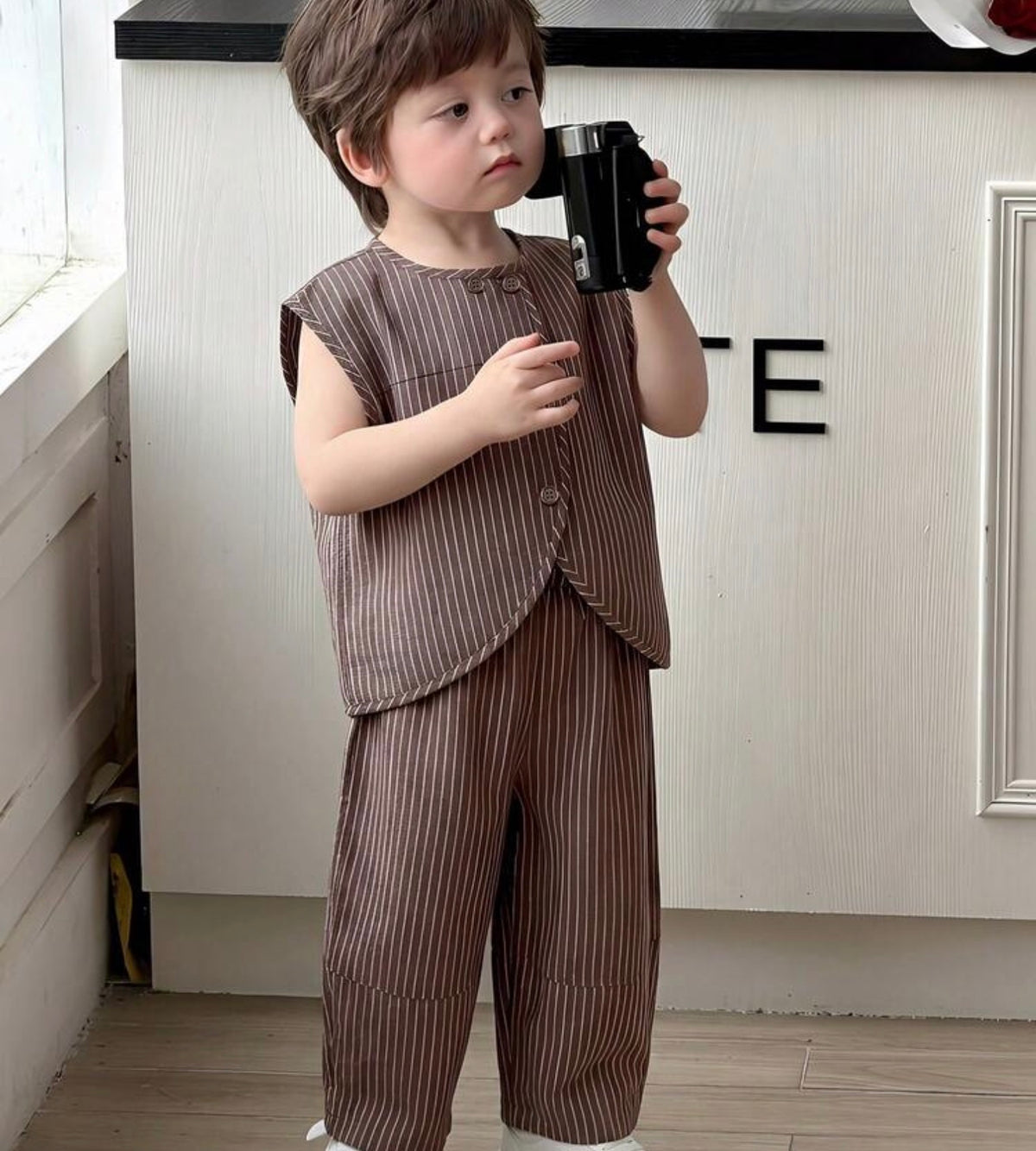 Round Neck Sleeveless Front Button Striped Casual Loose Shirt Set Toddler