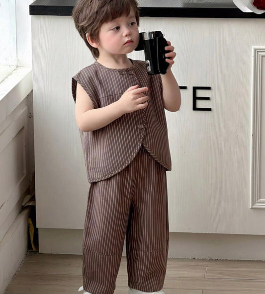 Round Neck Sleeveless Front Button Striped Casual Loose Shirt Set Toddler