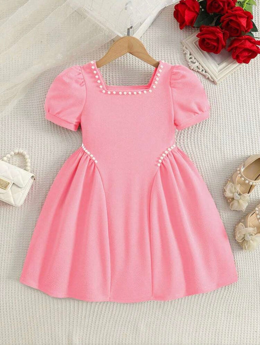 Beaded Square Collar Puff Sleeve Delicate Pearl Decor On Side