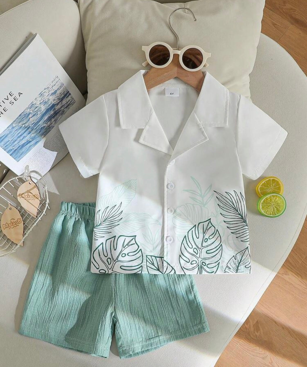 Leaf & Plant Print Polo Collar Shirt + Solid Color Textured Shorts