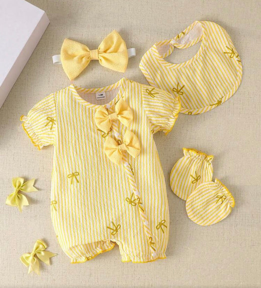 Pastel Yellow Bow Baby Romper 4pcs