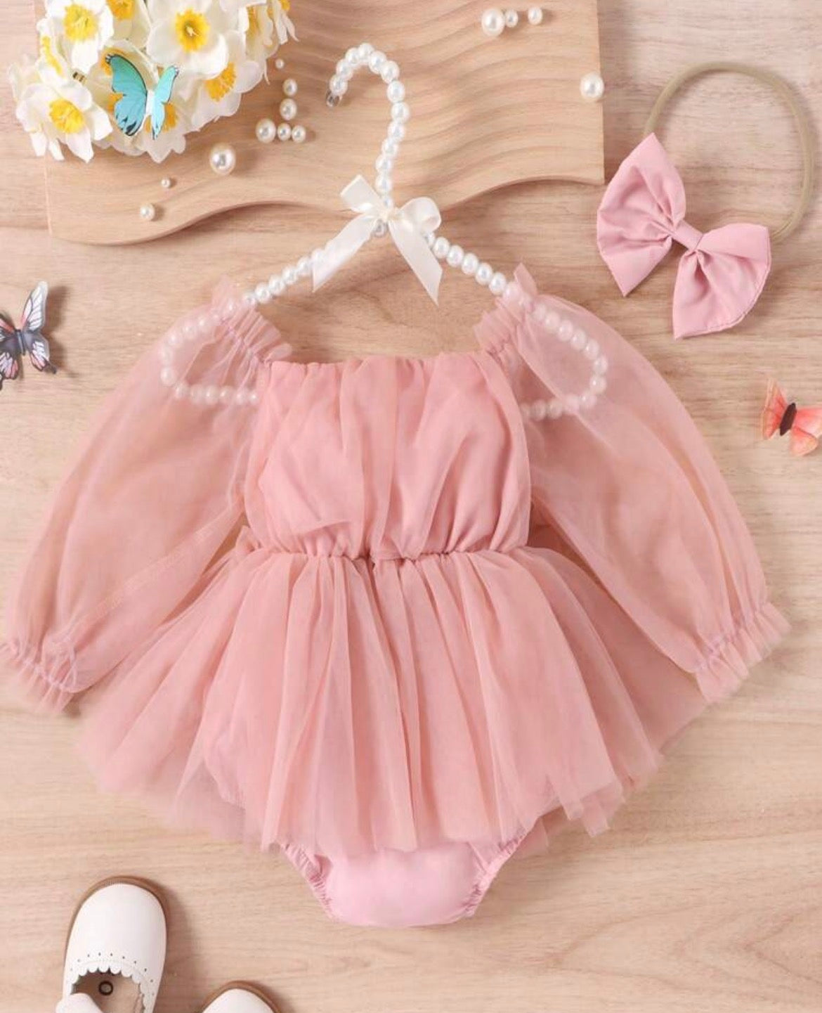 Contrast Lace Flounce Sleeve Mesh Overlay Bodysuit & Headband