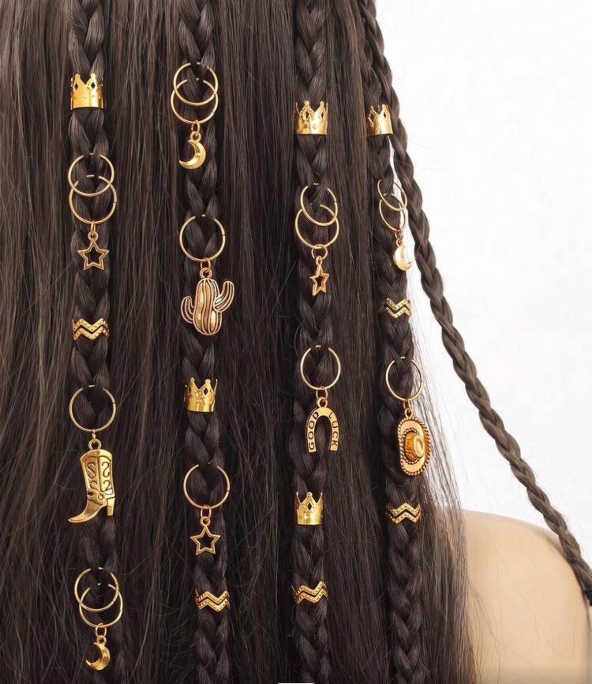25pcs Western Cowboy Gold Braided Hair Rings With Moon, Star, Cactus, Horseshoe, Hat, Boot Charms, Bohemian Dreadlock Hair Accessories