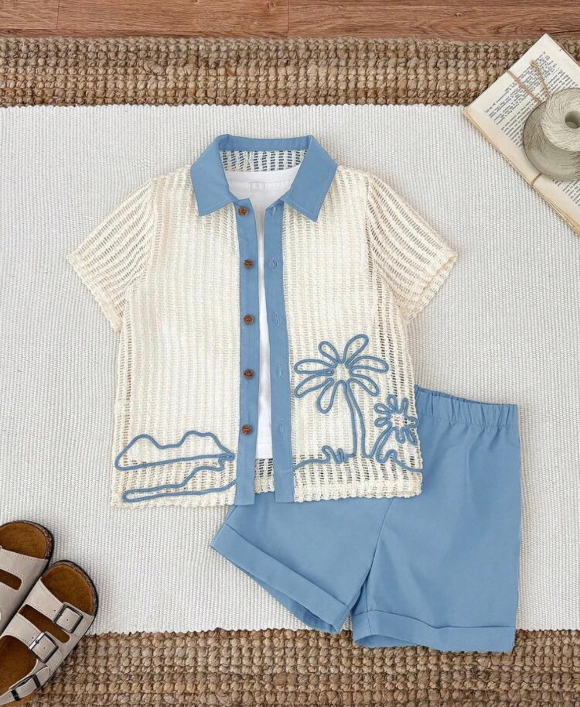 2pcs/Set Coconut Tree Hollow Out Short Sleeve Shirt And Shorts