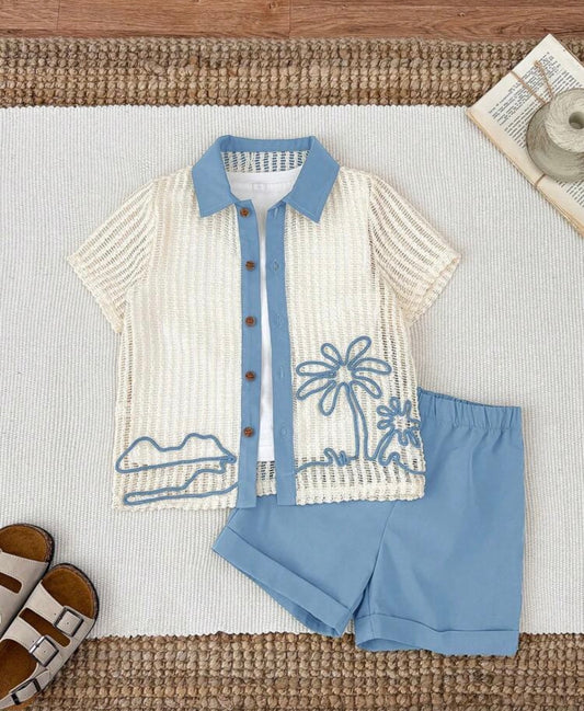 2pcs/Set Coconut Tree Hollow Out Short Sleeve Shirt And Shorts