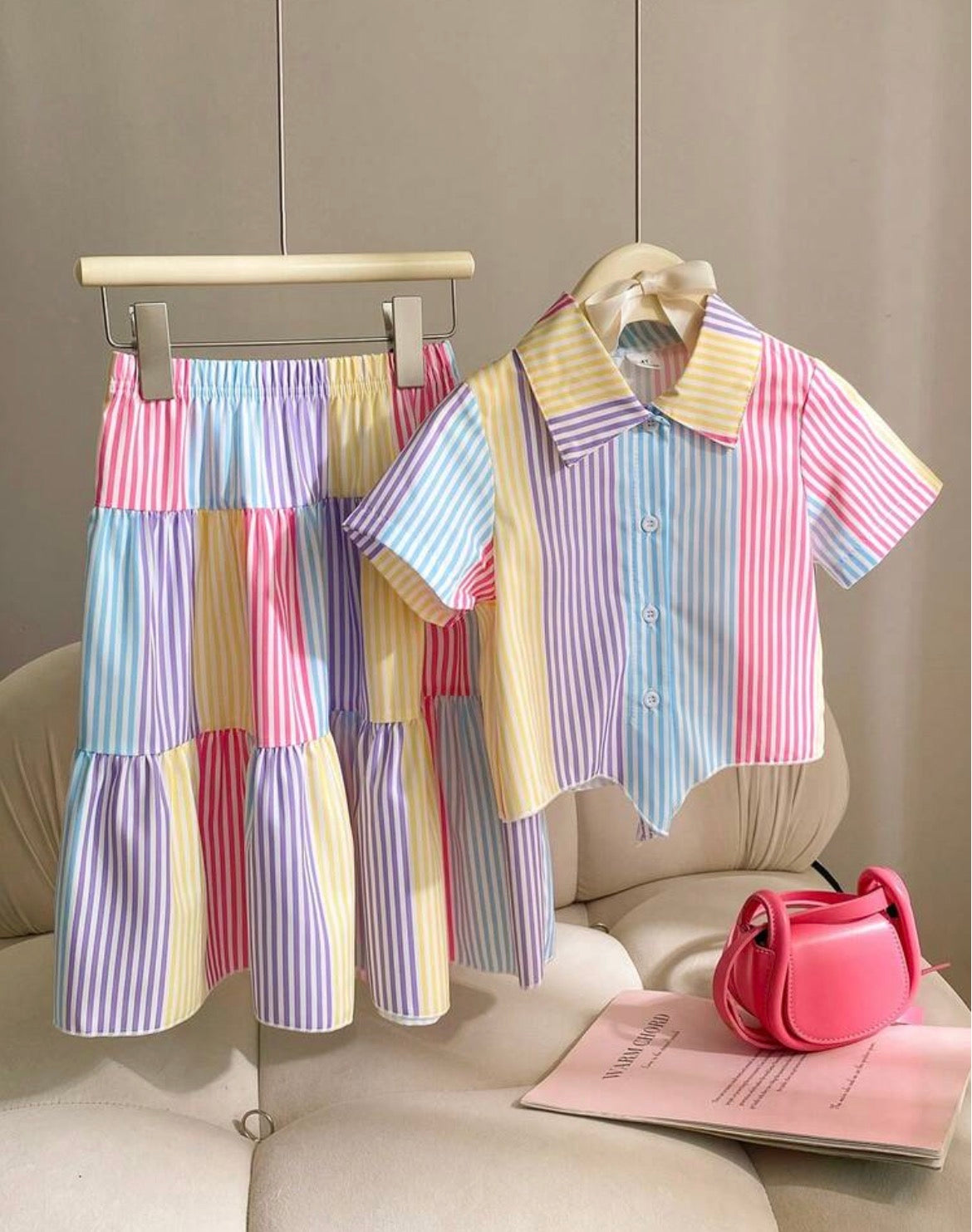 2pcs Set Dopamine Colorful Striped Pattern Knot Hem Collared Shirt And Long Skirt,