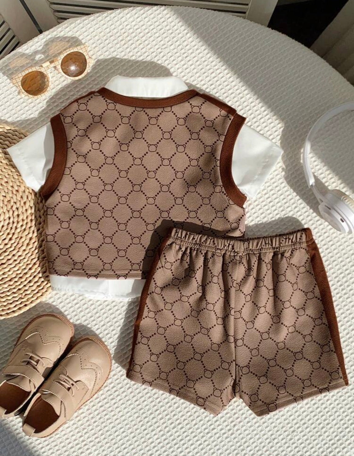 3pcs Baby Boy Casual Cute School Style Khaki Short Sleeve T-Shirt Set