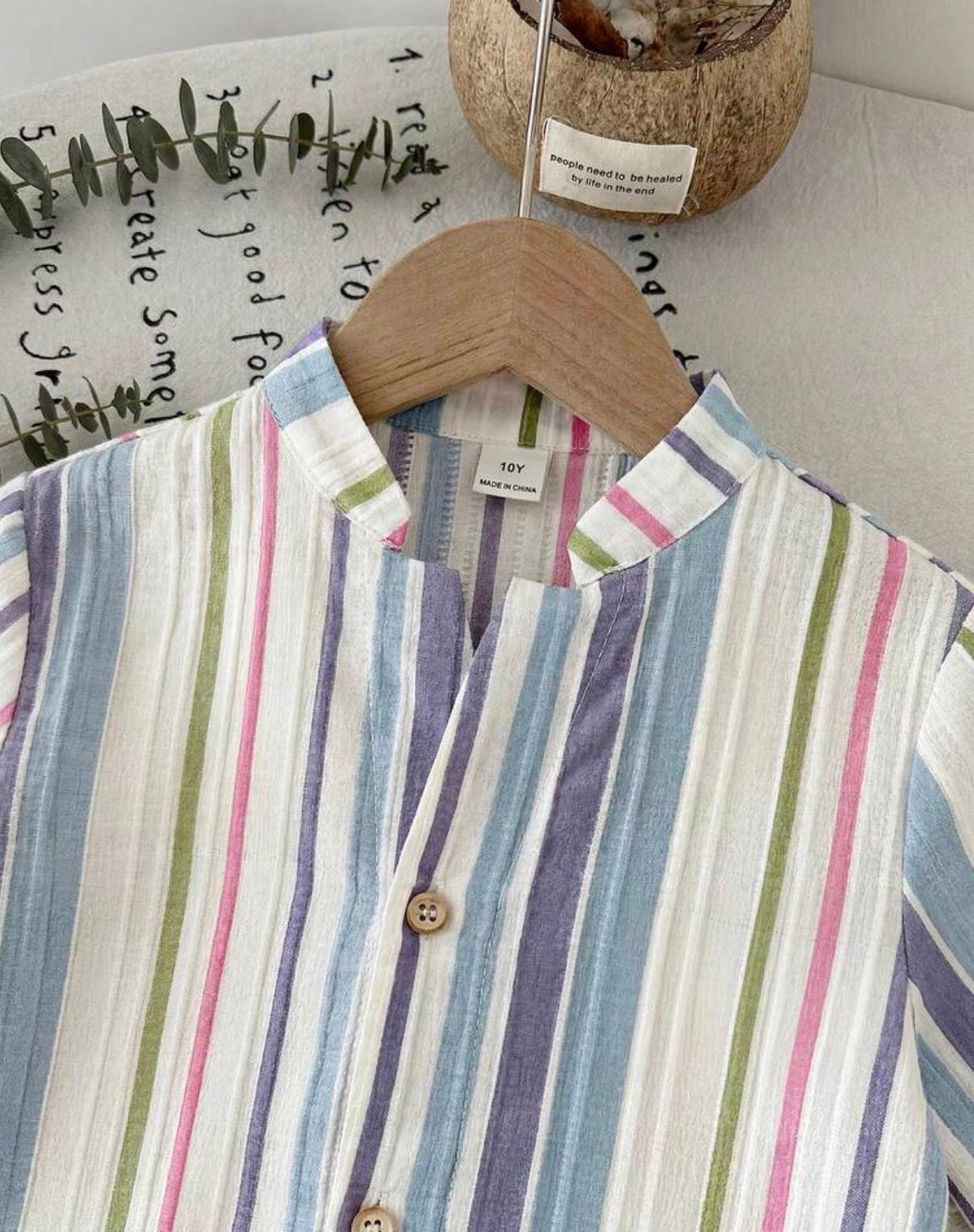 LMoss Woven Solid Color Casual Shirt And Striped Long Pants 2 Pieces Set