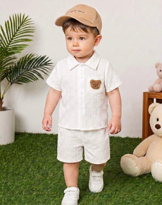 2pcs Baby Boy Textured Pocket Bear Embroidery Shirt & Shorts Street Fashion Children Set