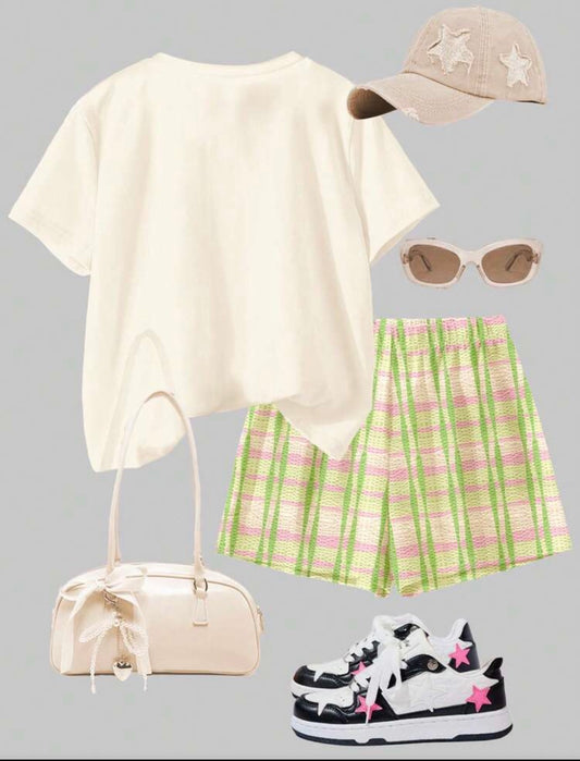 Lemon Tea Print Short Sleeve T-Shirt And Colorblock Plaid Shorts