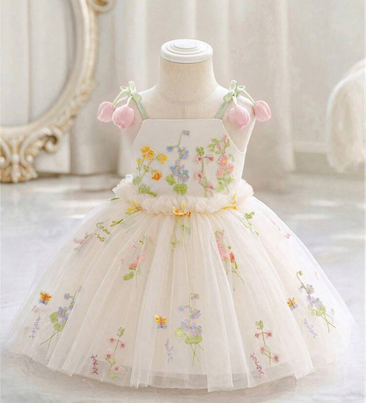 3D Floral Embroidered Princes dress Spaghetti Strap