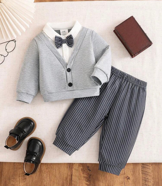 2pcs 2 In 1 Knit Contrast Color Turn Collar Long Sleeve Sweatshirt Set
