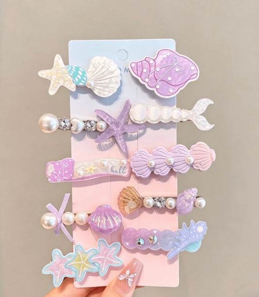 10pcs Cute Mermaid Hair Clips, Acrylic Shell & Star Hair Clips With Faux Pearl