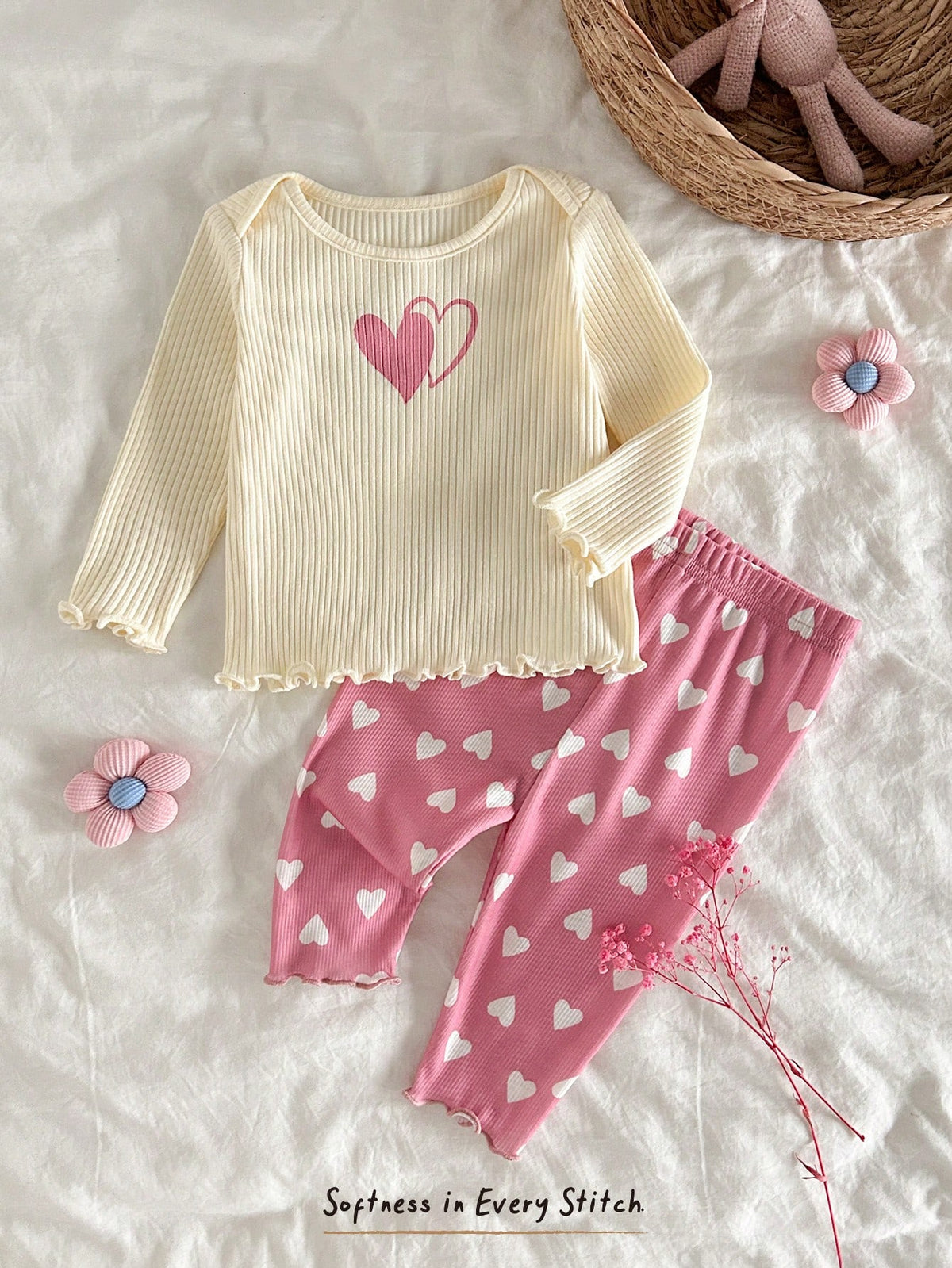 Cozy Pixies Newborn Girl Heart Knit Crew Neck Pullover and Pants 2-Piece Set