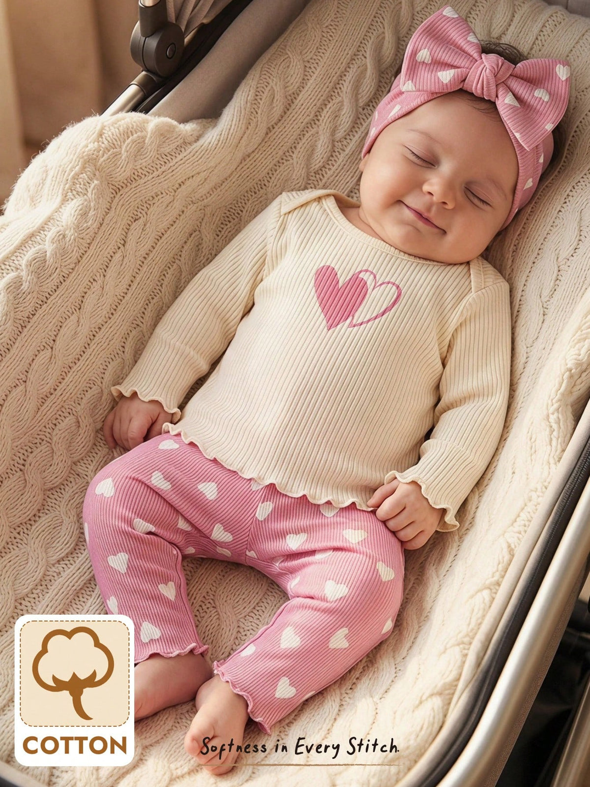 Cozy Pixies Newborn Girl Heart Knit Crew Neck Pullover and Pants 2-Piece Set