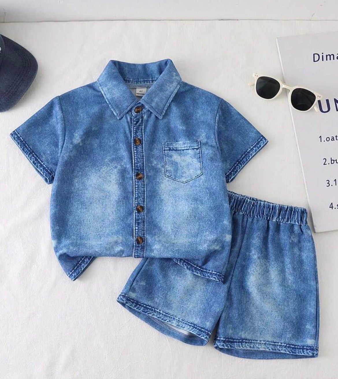2pcs Denim Print Polo Collar Short Sleeve Shirt And Shorts