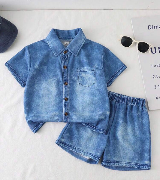 2pcs Denim Print Polo Collar Short Sleeve Shirt And Shorts