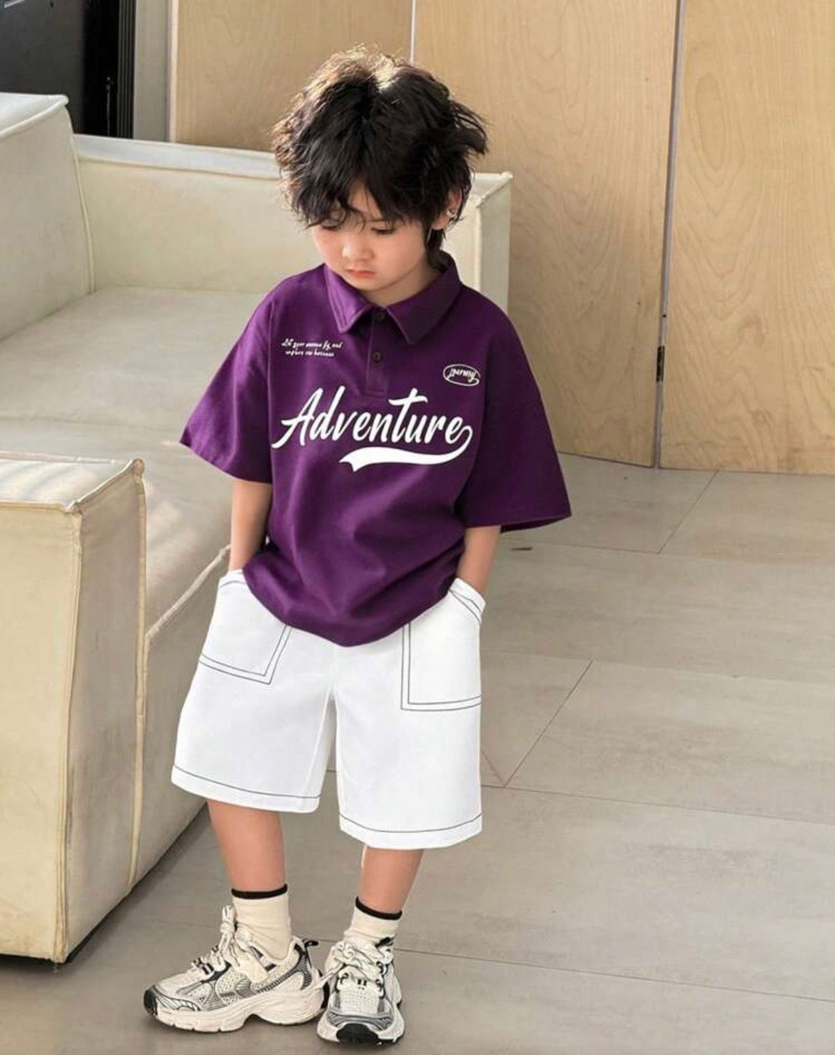 Byeori 2pcs/Set Letter Print Short Sleeve Polo Shirt And Pocket Shorts