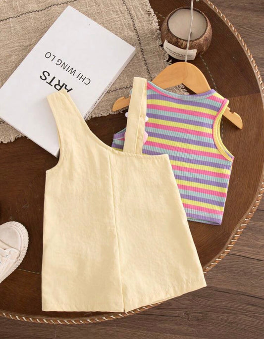 2pc Sleeveless Colorful Striped Tank Top Paired With Yellow Bib shorts