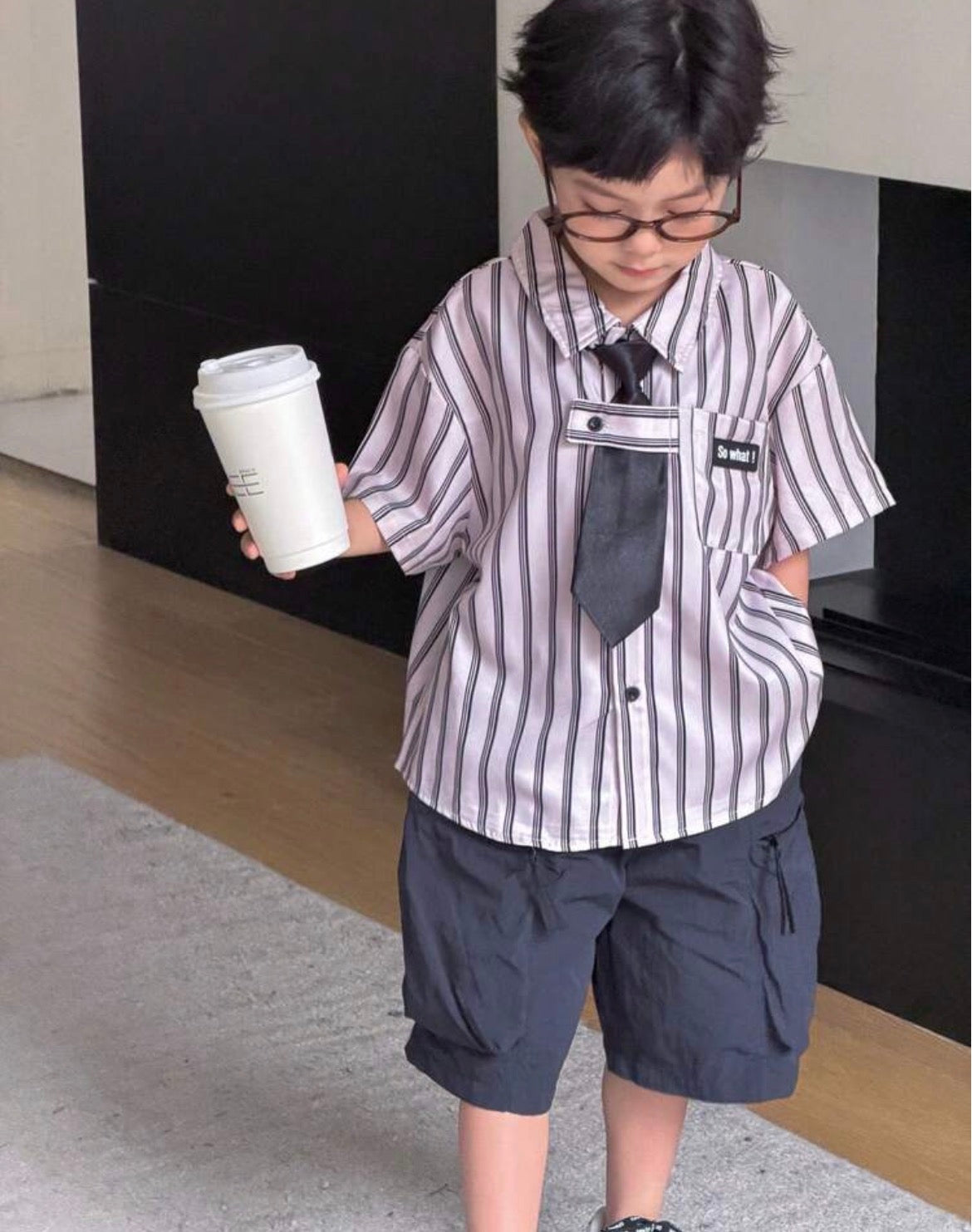 Japanese Academy Style Stripe Pattern Patch Pocket Collar Short Sleeve Shirt With Tie Set