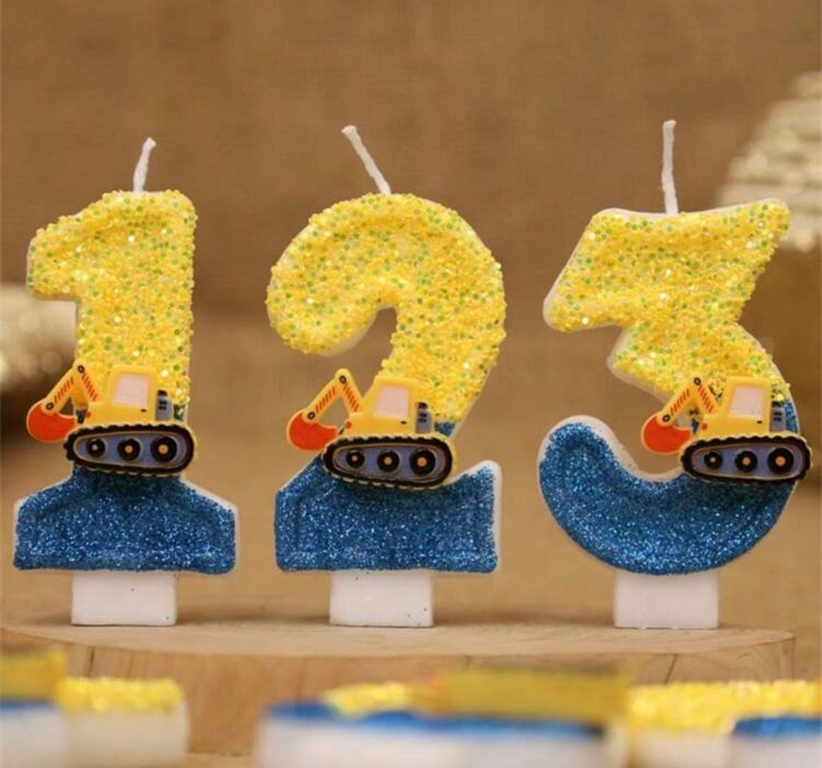 Blue & Yellow Excavator Flashing Digital Birthday Cake Candles,