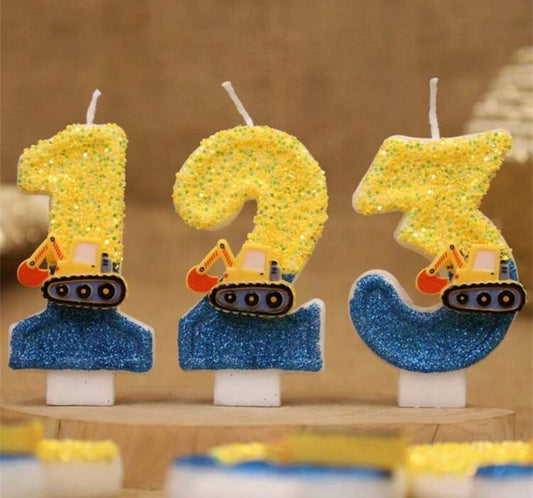 Blue & Yellow Excavator Flashing Digital Birthday Cake Candles,