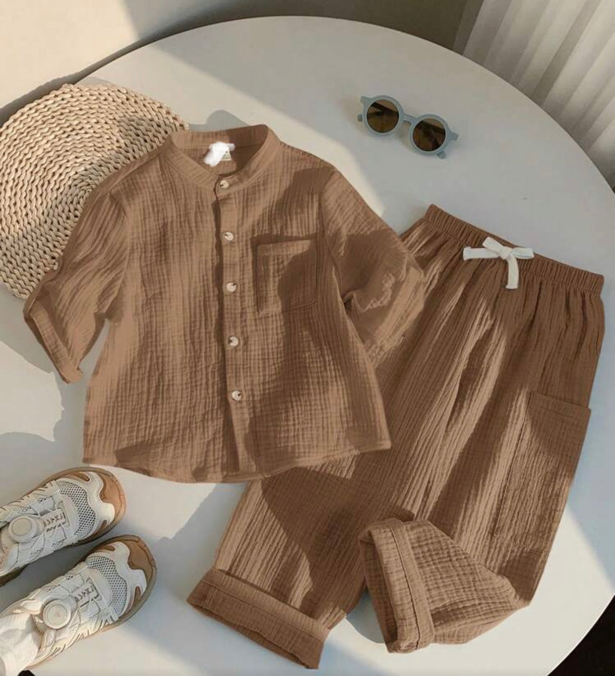 2pcs/Set Solid Polo Shirt & Elastic Waist Pants