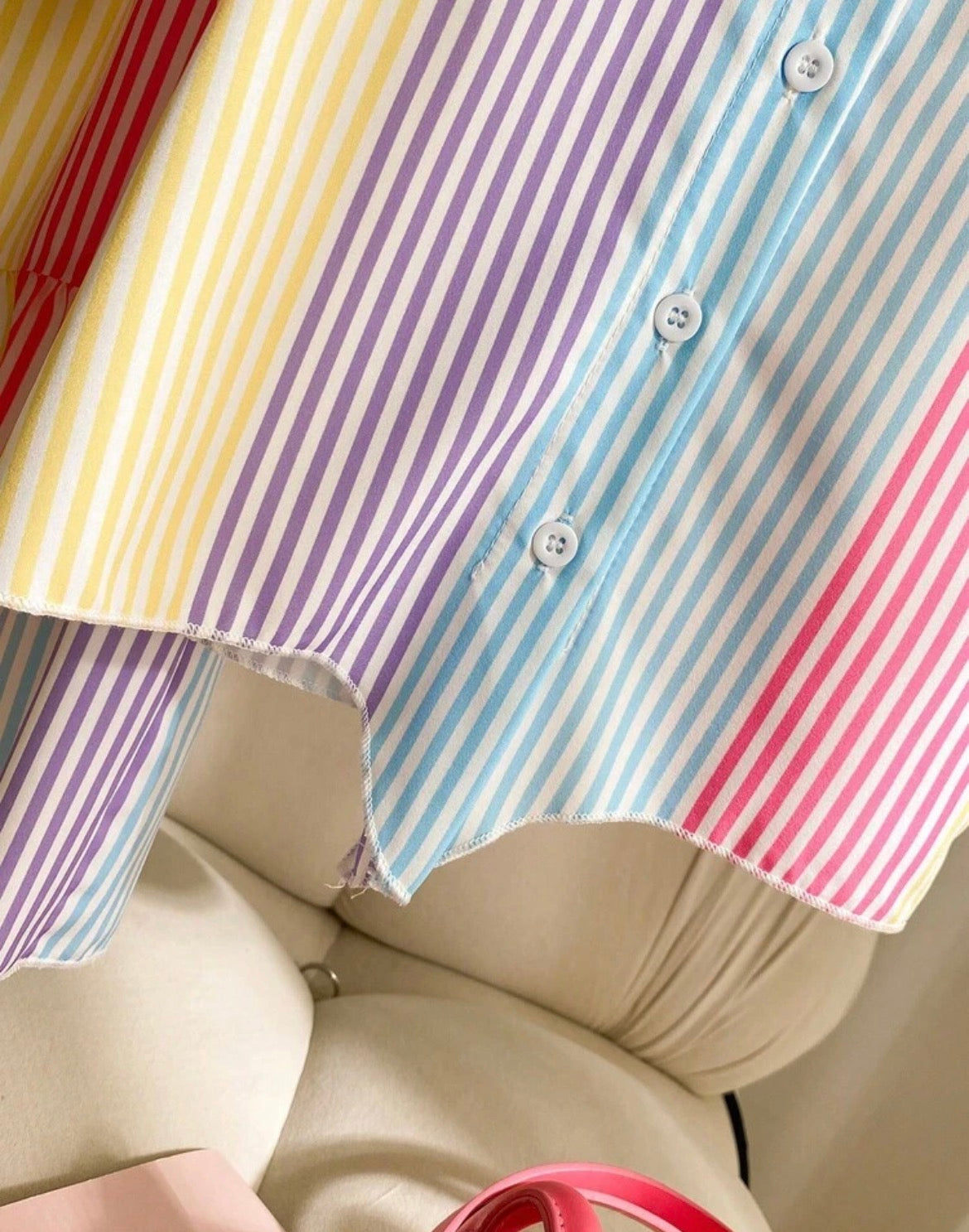 2pcs Set Dopamine Colorful Striped Pattern Knot Hem Collared Shirt And Long Skirt,