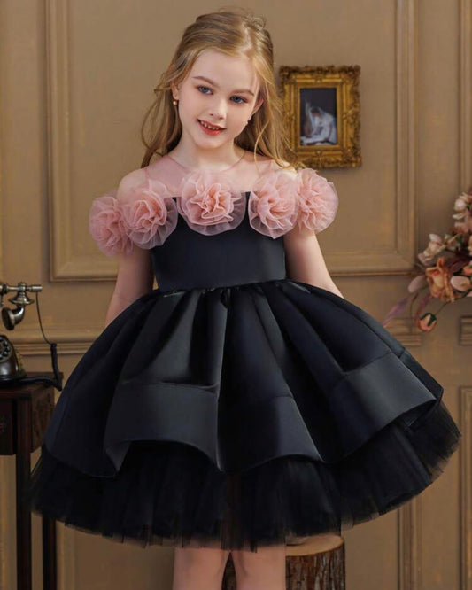 Black 3D Rose Puff Tulle Elegant Court Style Flower