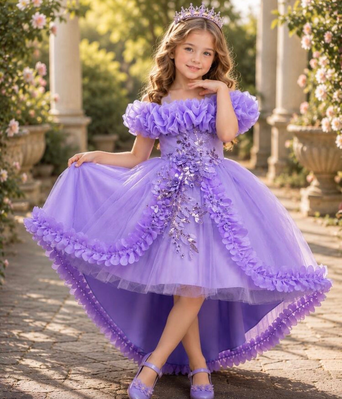 Lace Beaded Floral Petal Elegant Asymmetric Hem Flower Girl Wedding Party Princess Dress
