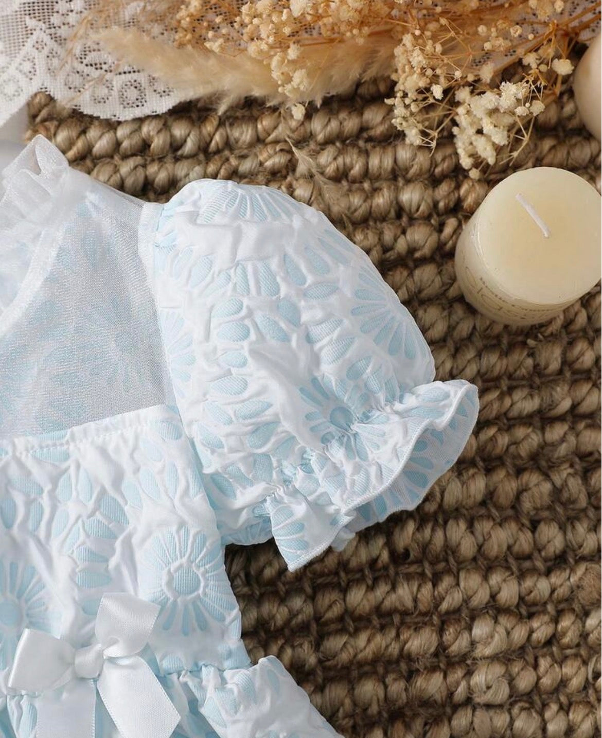 Vintaside Ruffle Collar Puff Sleeve Bow A-Line Dress,Light Blue And White Floral 3D Bow Detail Gown