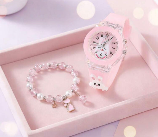 2pcs/Set Girls Glowing Watch, Cartoon Rabbit Quartz Watch And Beaded Cat Chain (No Box)