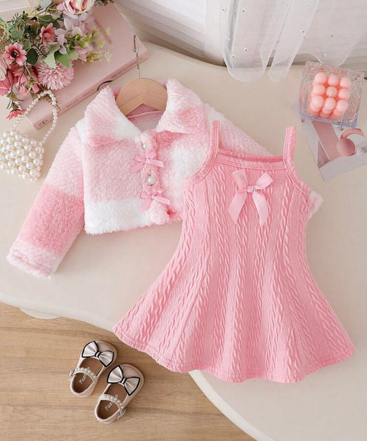 Winter Furry Long Sleeve Cardigan With 3D Bow And Lapel, Paired With Cami Dress, 2-Piece