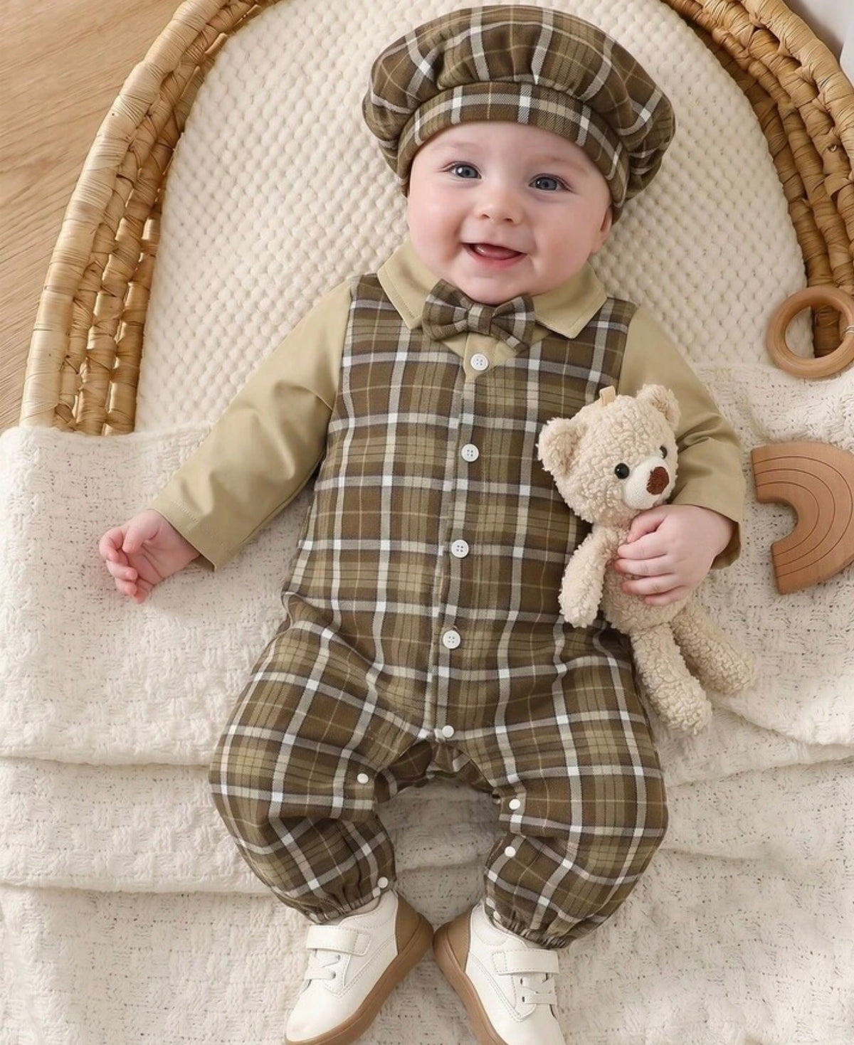 Patchwork Lapel Long Sleeve Jumpsuit + Cute Bowknot Collar Decoration + Plaid Hat, Autumn/Winter