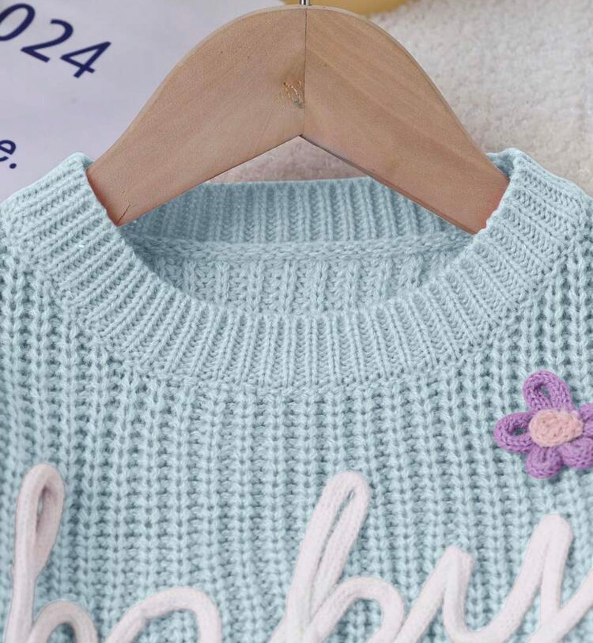 1pc Round Neck Sweater With "Baby" Embroidery Letter And 3D Flower