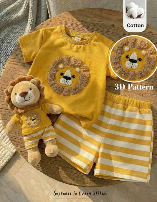 Cartoon Bear Pattern Knit Soft Crew Neck Short Sleeve Top And Striped Shorts