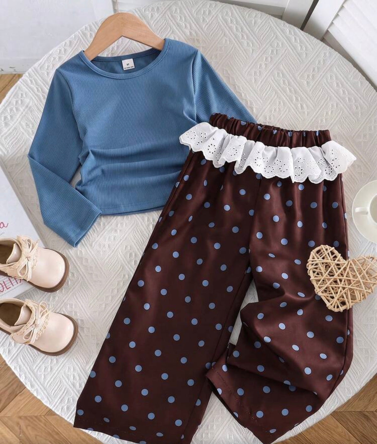 Ruched Waist Long Sleeve Top With Polka Dot Wide Leg Pants,