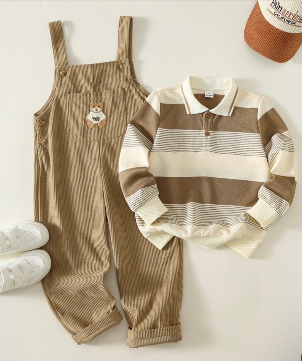 Striped Long Sleeve Top + Overalls 2 Pieces Set