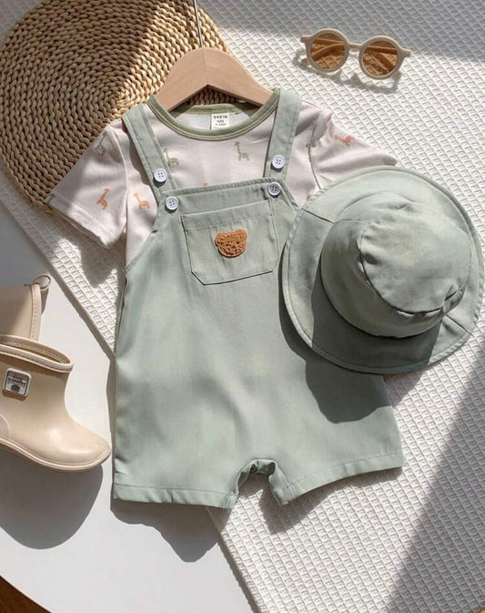 3pcs/Set Cute Dinosaur & Animal Print Round Neck Raglan Sleeve Top,Romper Shorts And Hat