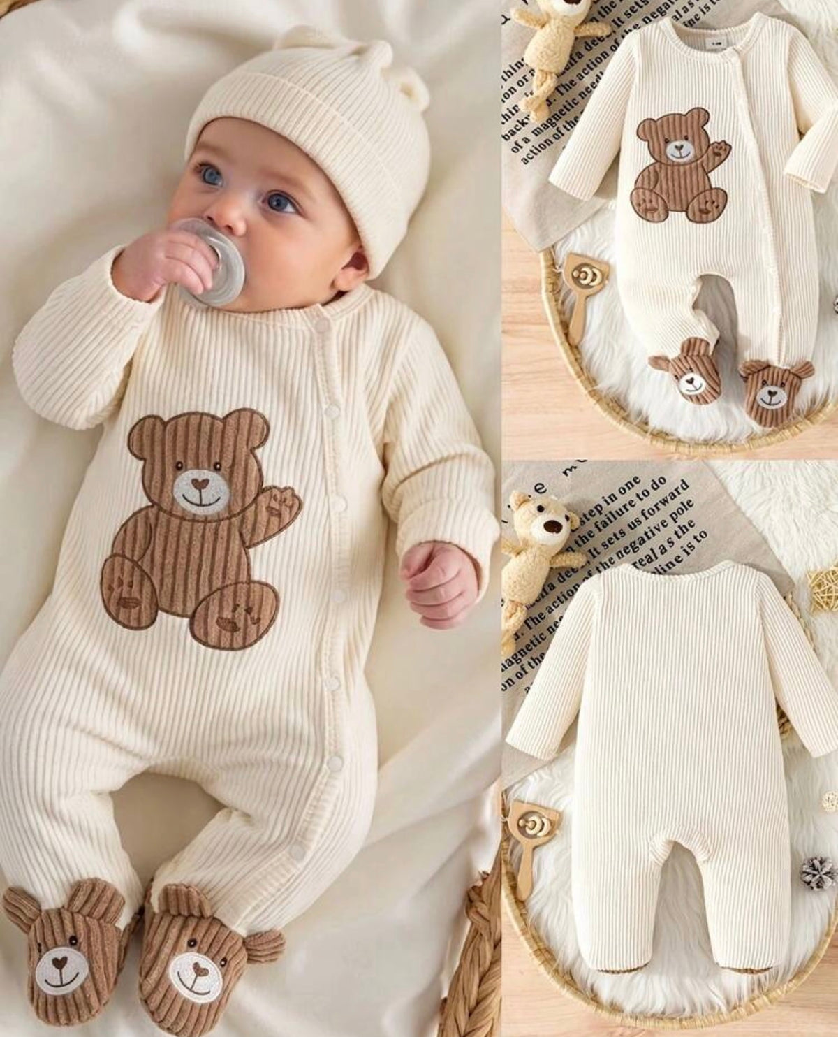 Apricot Bear Applique Embroidered Long Sleeve Romper