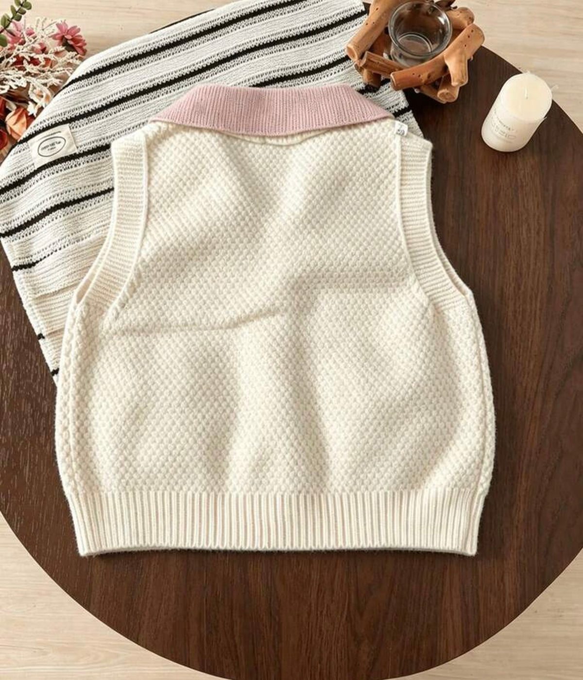 Handmade Bow Decor Multi-Color Pocket Button Knitted Cardigan Vest Winter