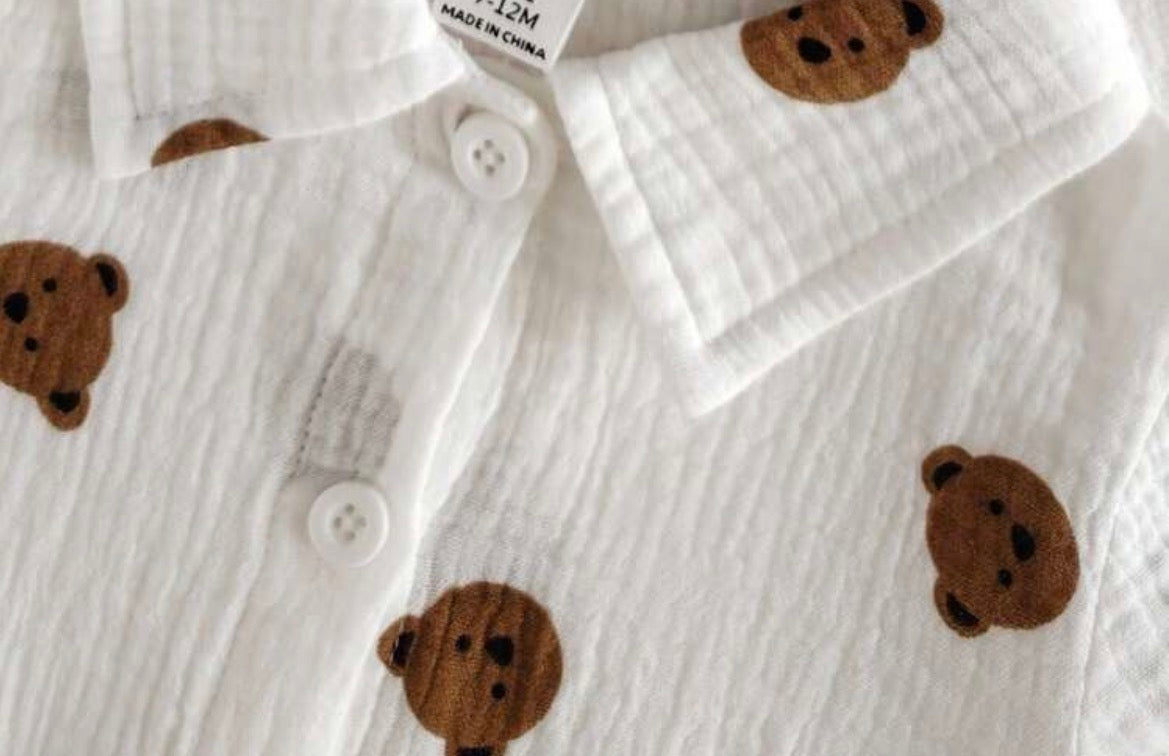Cartoon Bear Print Short Sleeve Single-Breasted Top And Shorts