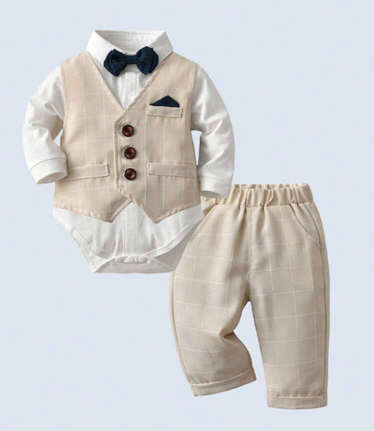 Gentleman 3-Piece Set White Long Sleeve Shirt With Bow Tie Plaid Vest And Long Pants